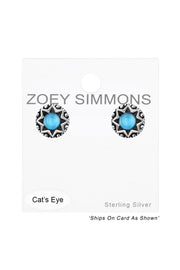 Sterling Silver Star Ear Studs With Cat Eye - SS