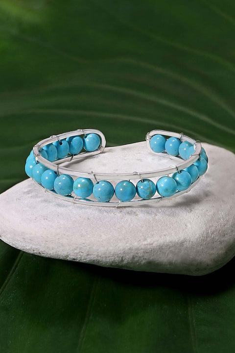 Turquoise Beaded Cuff Bracelet In Silver - SF