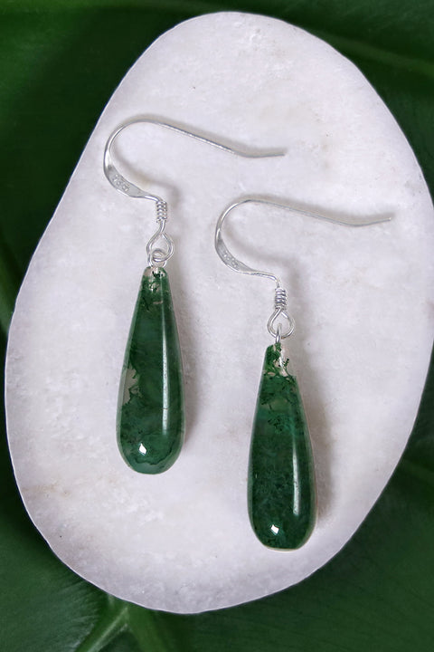 Sterling Silver & Moss Agate Water Drop Earrings - SS