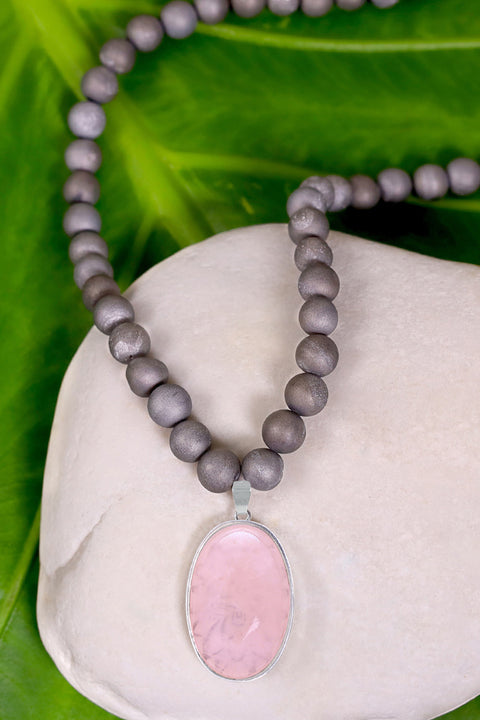 Gray Druzy Quartz Beads Necklace With Rose Quartz - SF