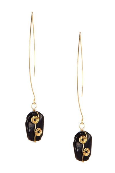 Black Agate Wrapped Stone Threader Earrings - GF