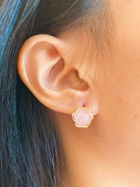 Rose Quartz Hexagon Post Earrings - GF