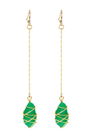 Green Chalcedony Crystal Wire Wrapped Dangle Earrings - GF