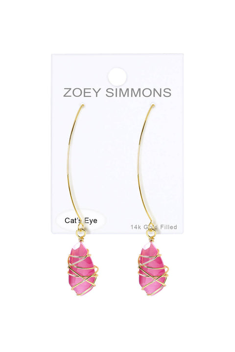 Pink Cat's Eye Wire Wrapped Threader Earrings - GF