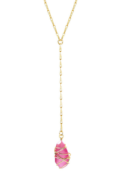 Pink Cat's Eye Wire Wrapped Y Necklace - GF