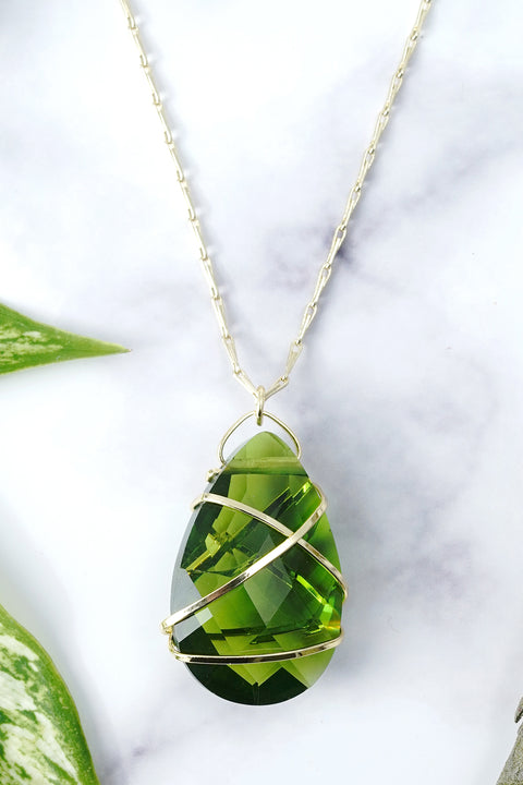 Wrapped Peridot Crystal Pendant Necklace - GF