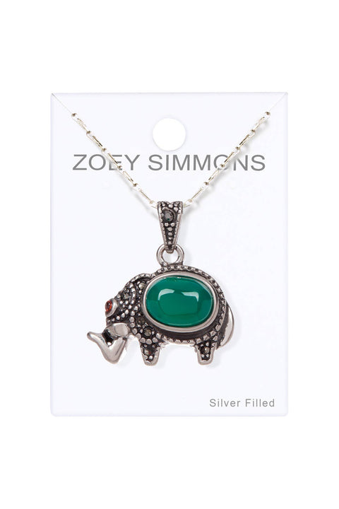 Green Agate & Marcasite Elephant Pendant Necklace - SF