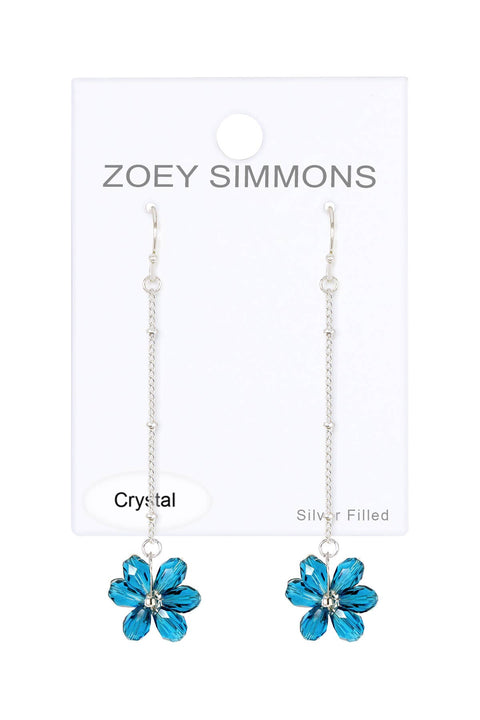 Blue Austrian Crystal Flower Bloom Dangle Earrings - SF