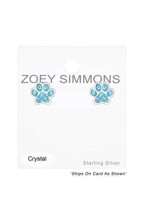 Sterling Silver & Blue Crystal Paw Print Stud Earrings - SS