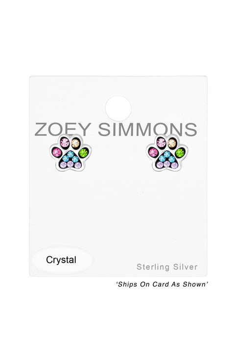 Sterling Silver & Mixed Crystal Paw Print Stud Earrings - SS