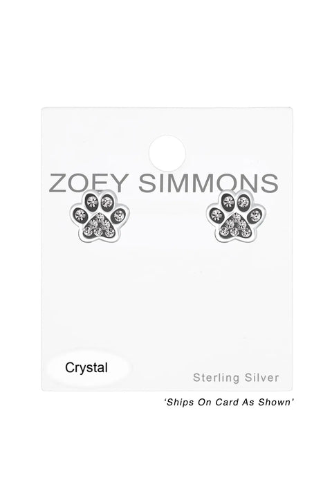 Sterling Silver & Gray Crystal Paw Print Stud Earrings - SS