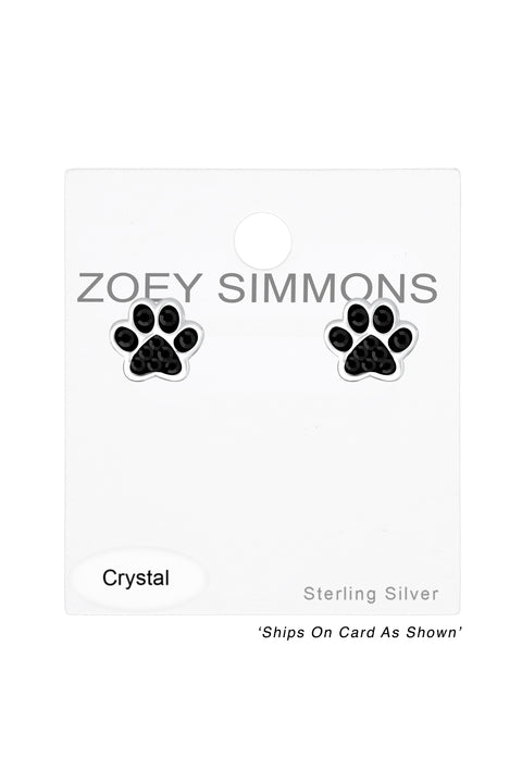 Sterling Silver & Black Crystal Paw Print Stud Earrings - SS