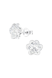 Sterling Silver & Clean Crystal Paw Print Stud Earrings - SS