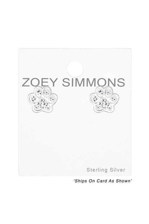 Sterling Silver & Clean Crystal Paw Print Stud Earrings - SS