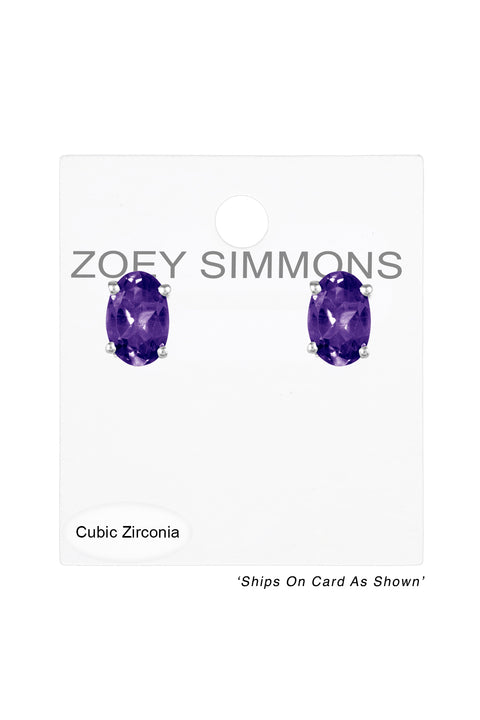 Sterling Silver & Amethyst CZ Post Earrings - SS