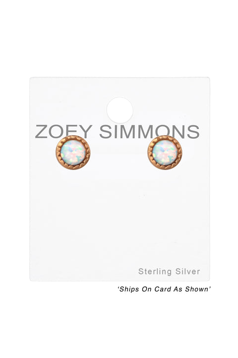Sterling Silver Round Ear Studs With Opal - RG