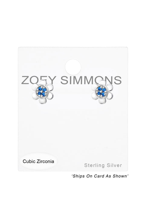 Sterling Silver Flower Ear Studs With Cubic Zirconia - SS