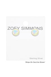 Sterling Silver Round Ear Studs With Synthetic Opal - SS