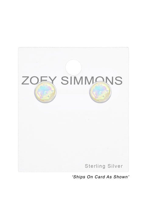 Sterling Silver Round Ear Studs With Synthetic Opal - SS