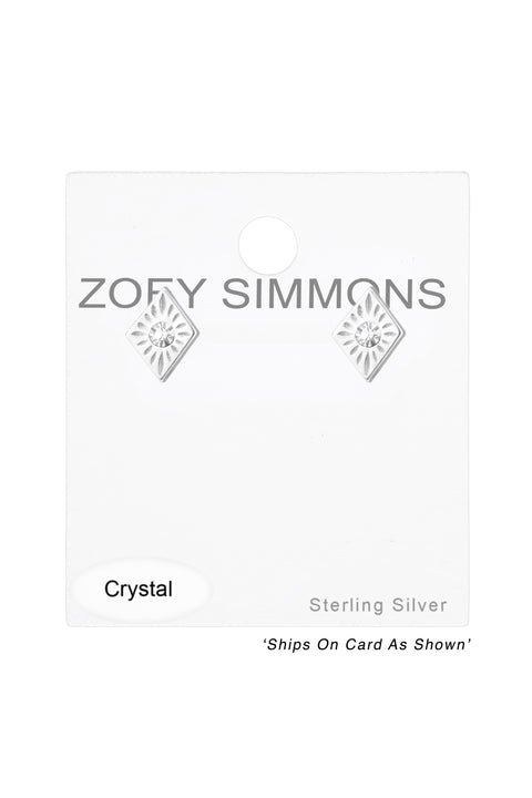 Sterling Silver Diamond Shaped Ear Studs With Crystal - SS