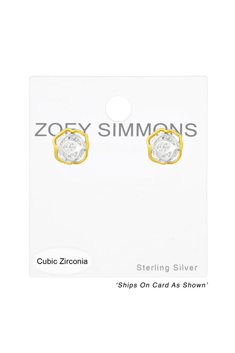 Sterling Silver Rose Ear Studs With Cubic Zirconia - VM