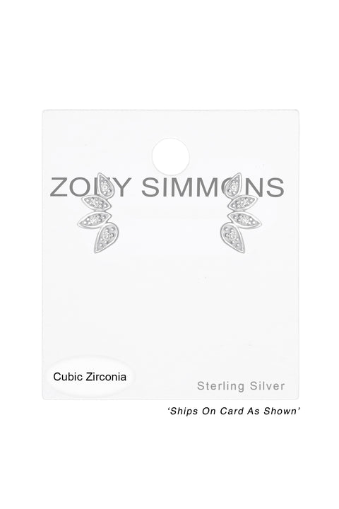 Sterling Silver Leaf Ear Studs With Cubic Zirconia - SS