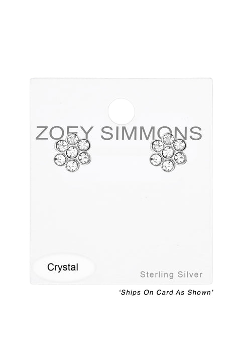 Sterling Silver Flower Ear Studs With Crystal - SS