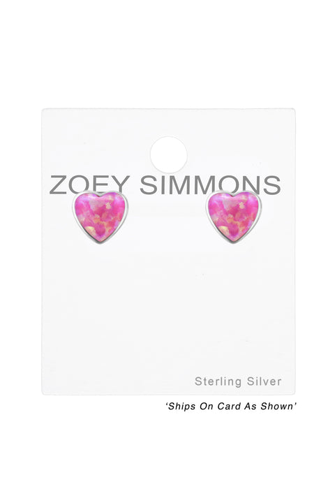 Sterling Silver Heart Ear Studs With Opal - SS