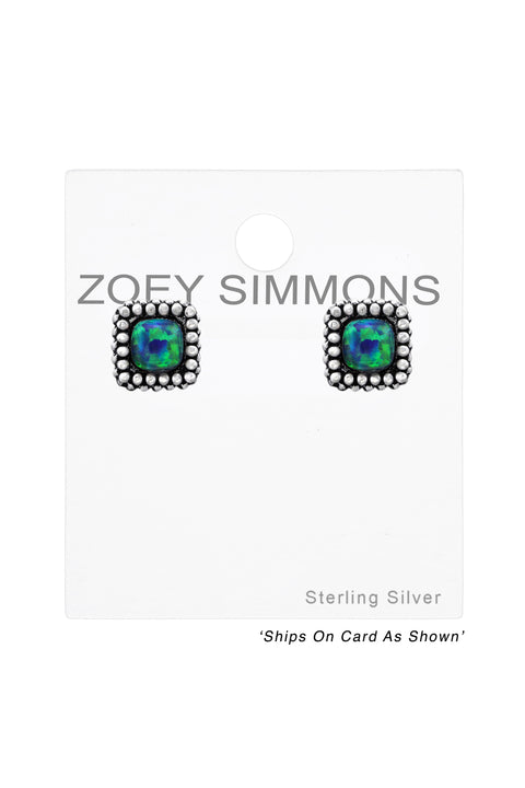 Sterling Silver Square Ear Studs With Opal - SS