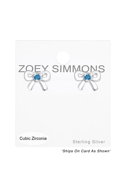 Sterling Silver Birthstone Bow Ear Studs With CZ - SS