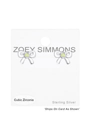 Sterling Silver Birthstone Bow Ear Studs With CZ - SS
