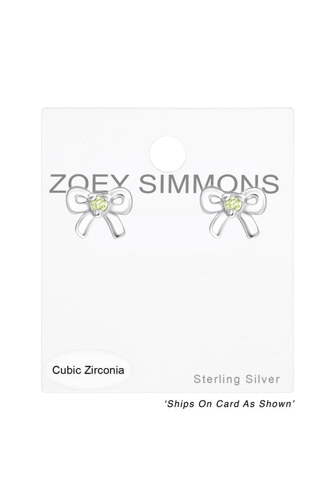 Sterling Silver Birthstone Bow Ear Studs With CZ - SS