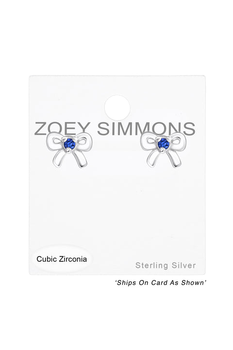 Sterling Silver Birthstone Bow Ear Studs With CZ - SS