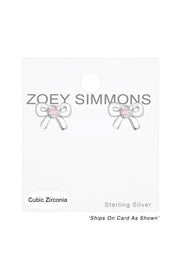 Sterling Silver Birthstone Bow Ear Studs With CZ - SS