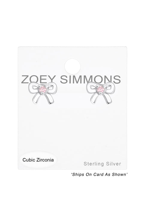 Sterling Silver Birthstone Bow Ear Studs With CZ - SS