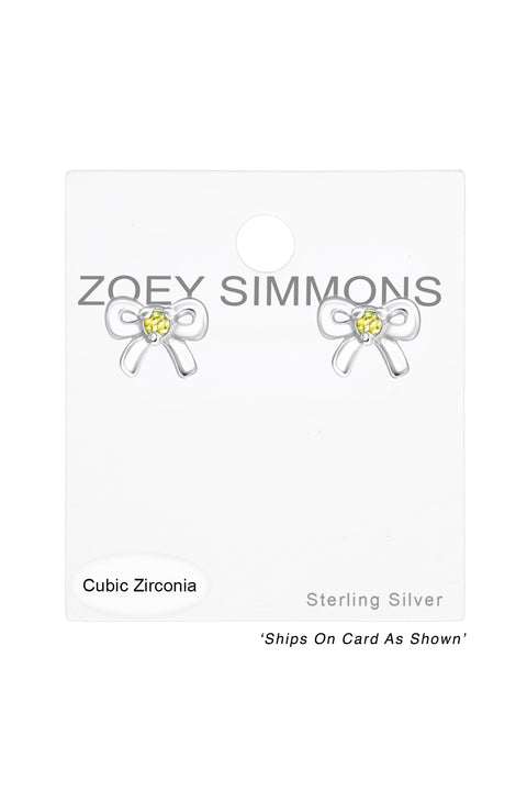 Sterling Silver Birthstone Bow Ear Studs With CZ - SS