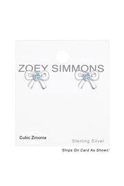 Sterling Silver Birthstone Bow Ear Studs With CZ - SS