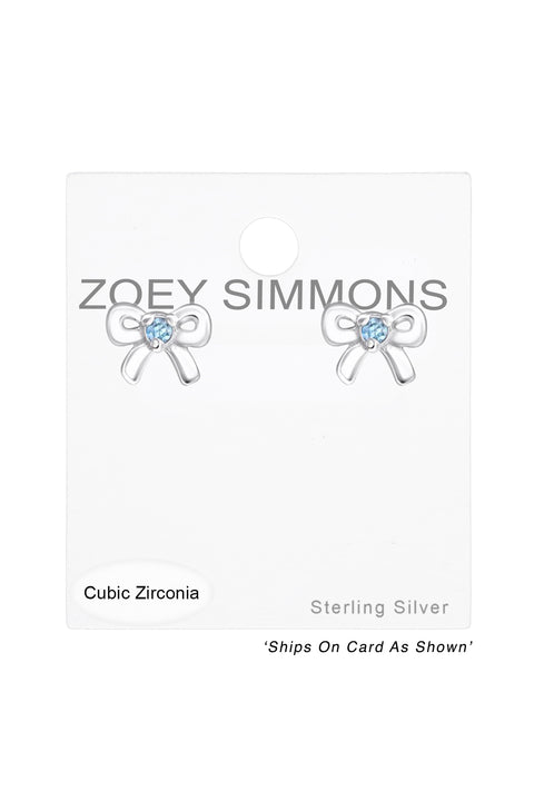Sterling Silver Birthstone Bow Ear Studs With CZ - SS