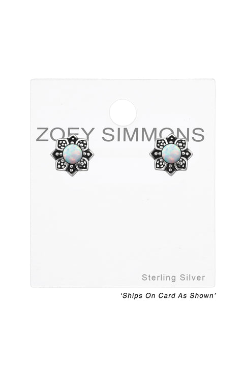 Sterling Silver Flower Ear Studs With Opal - SS