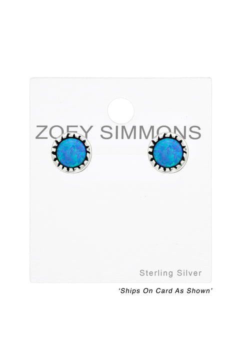 Sterling Silver Round Ear Studs With Opal - SS