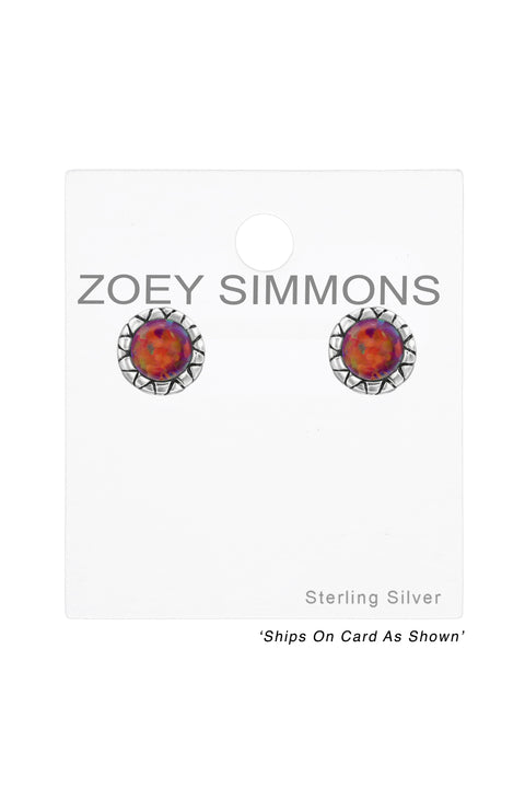 Sterling Silver Round Ear Studs With Opal - SS
