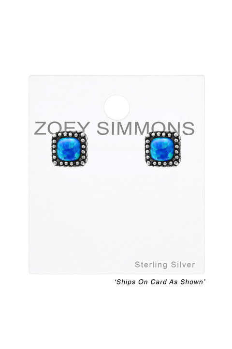 Sterling Silver Square Ear Studs With Opal - SS