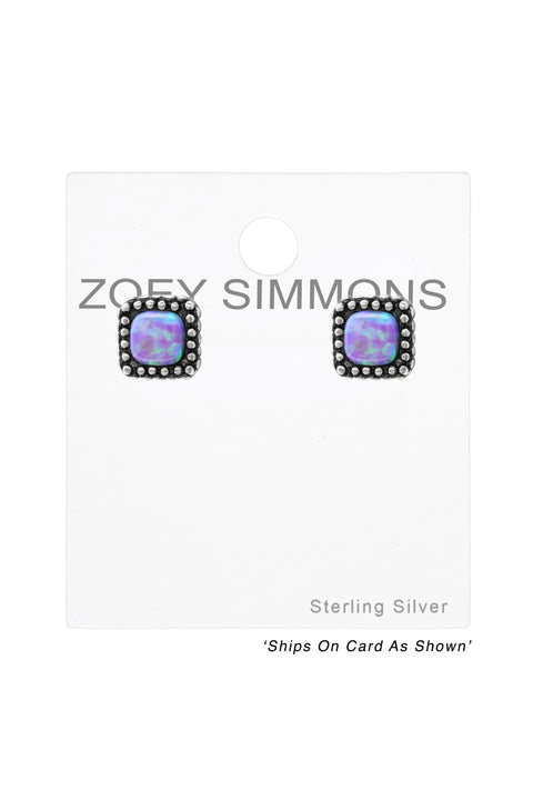 Sterling Silver Square Ear Studs With Opal - SS