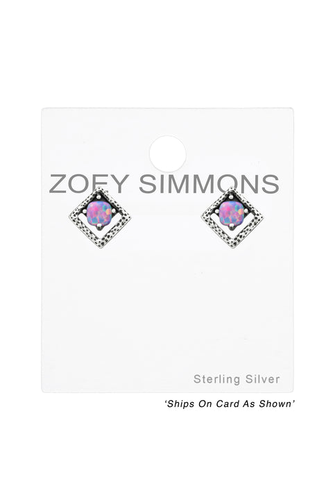 Sterling Silver Square Ear Studs With Opal - SS