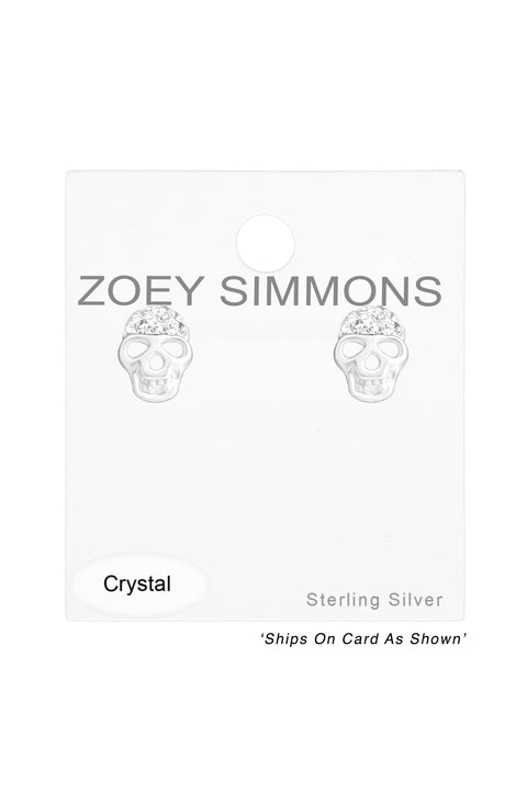 Sterling Silver Skull Ear Studs With Crystal - SS