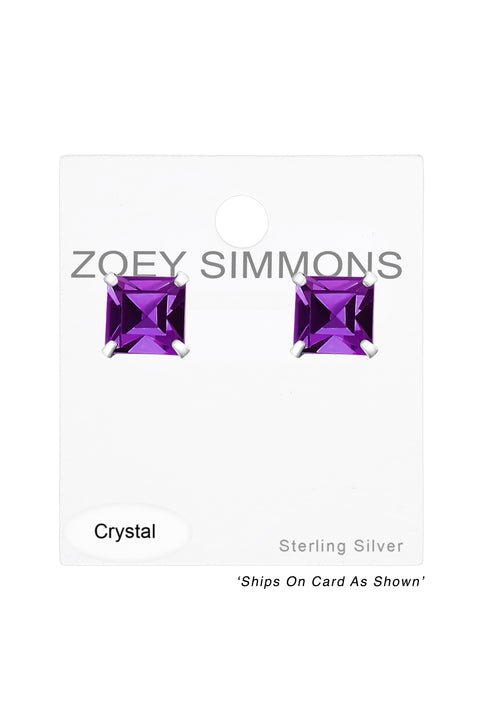 Sterling Silver Square 6mm Ear Studs With Crystals - SS