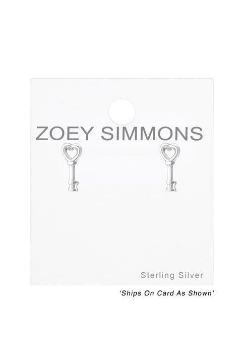 Sterling Silver Key Heart Ear Studs - SS