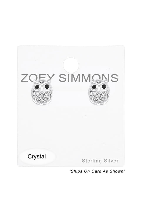 Sterling Silver Owl Ear Studs With Crystal - SS