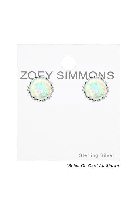 Sterling Silver Round Ear Studs With Opal - SS