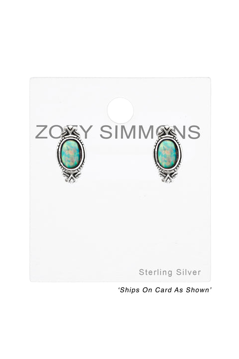 Sterling Silver Oval Ear Studs With Opal - SS